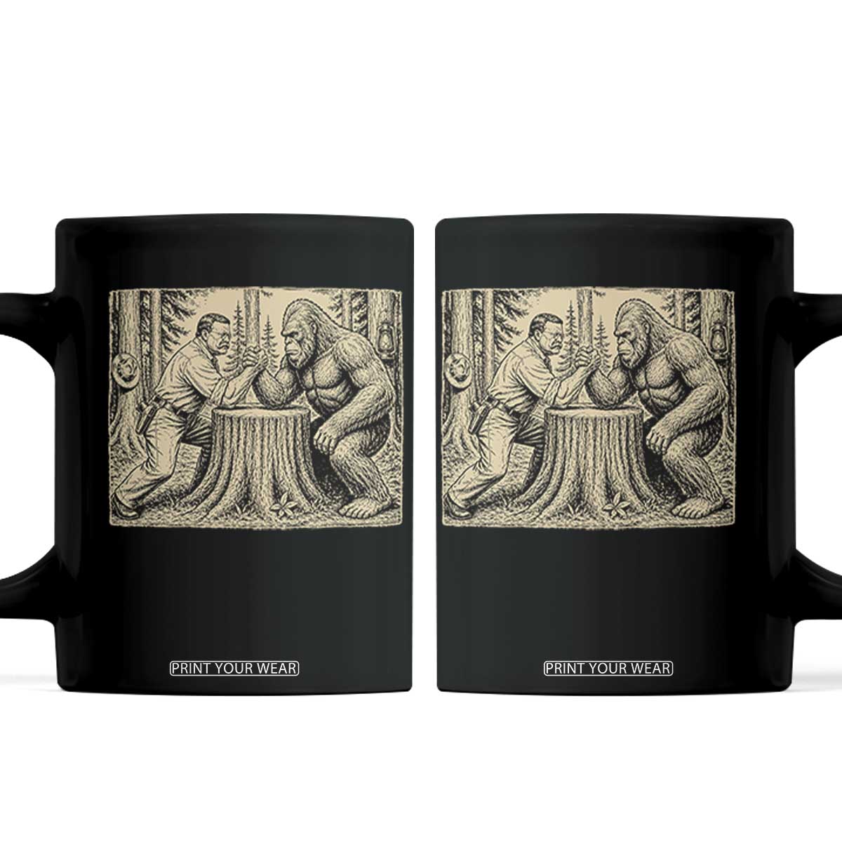 Theodore Roosevelt and Bigfoot Arm Wrestling Retro Coffee Mug TS11 Black Print Your Wear