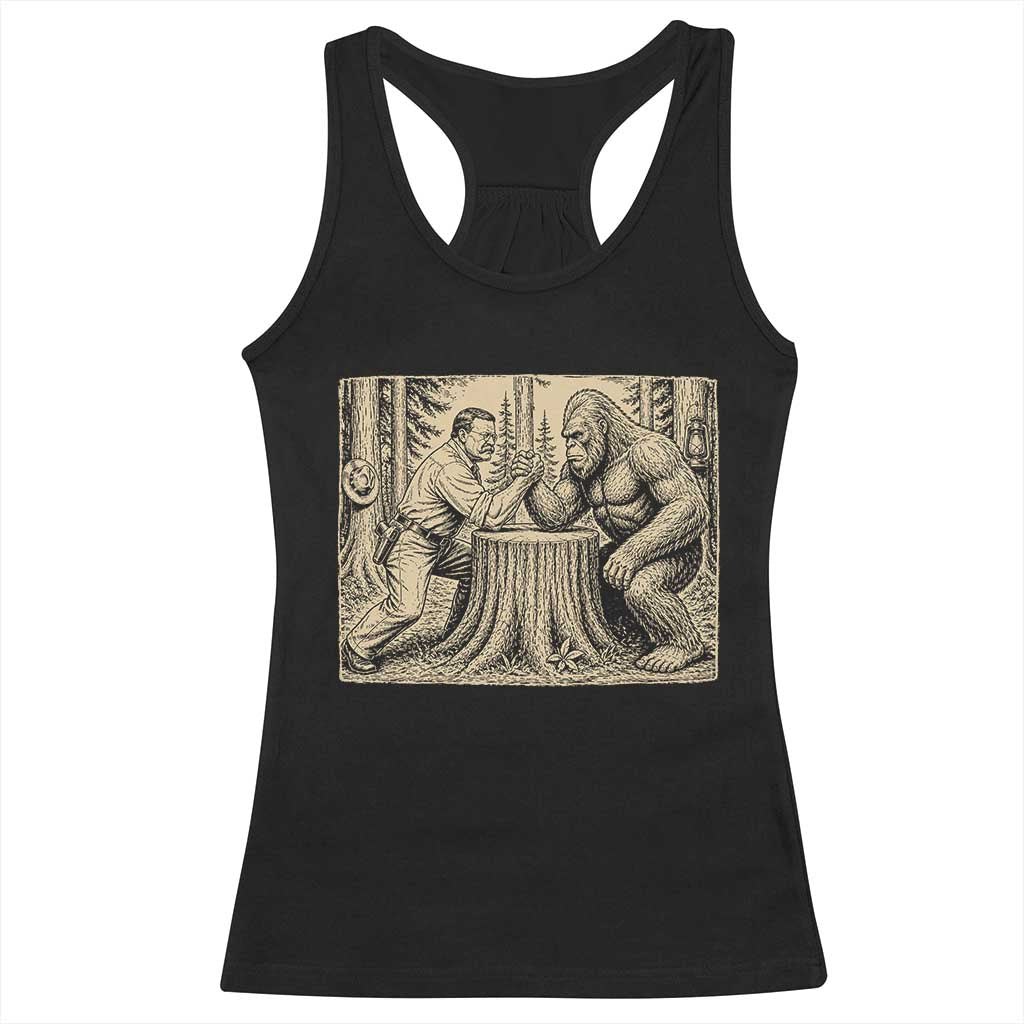Theodore Roosevelt and Bigfoot Arm Wrestling Retro Racerback Tank Top TS11 Black Print Your Wear