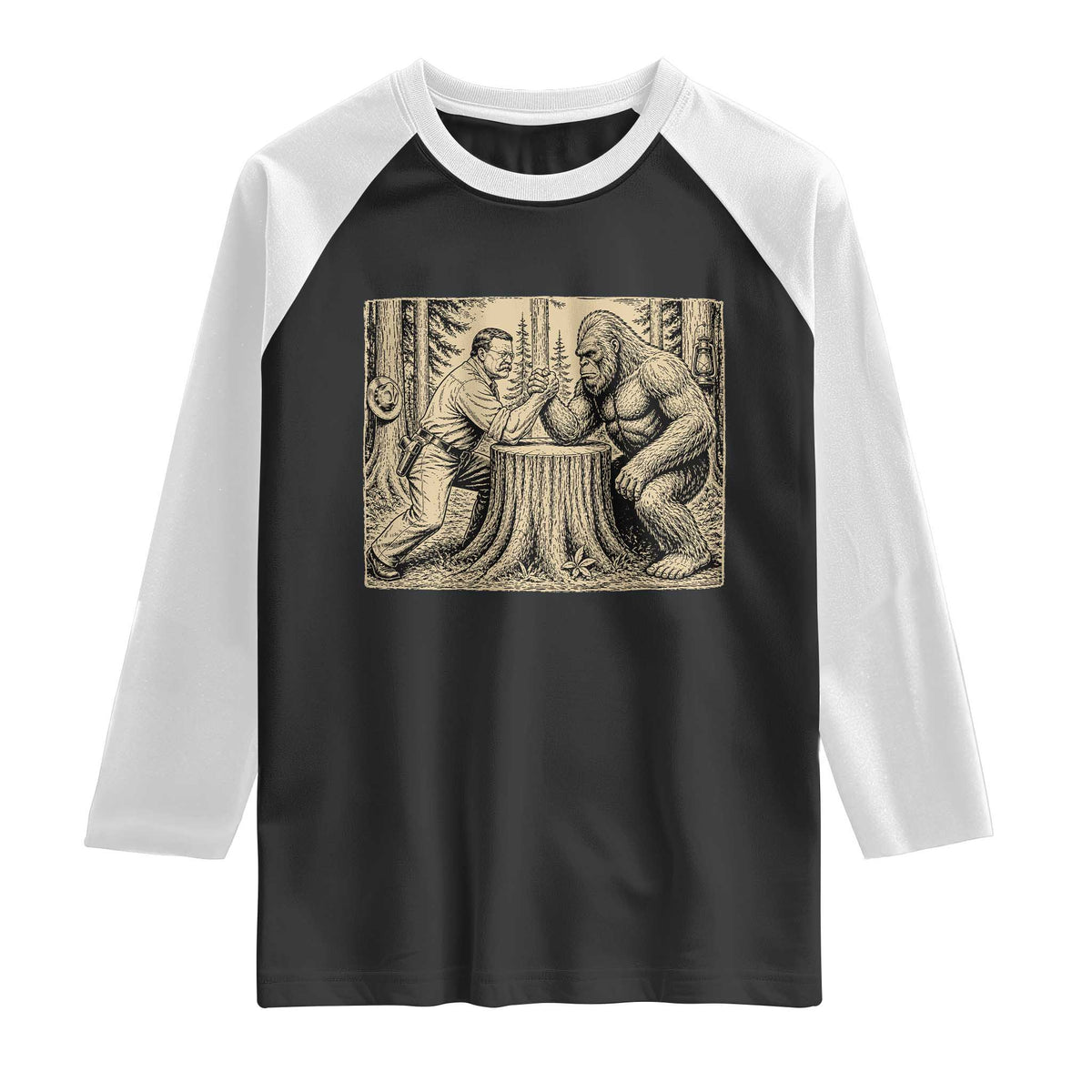 Theodore Roosevelt and Bigfoot Arm Wrestling Retro Raglan Shirt TS11 Black White Print Your Wear