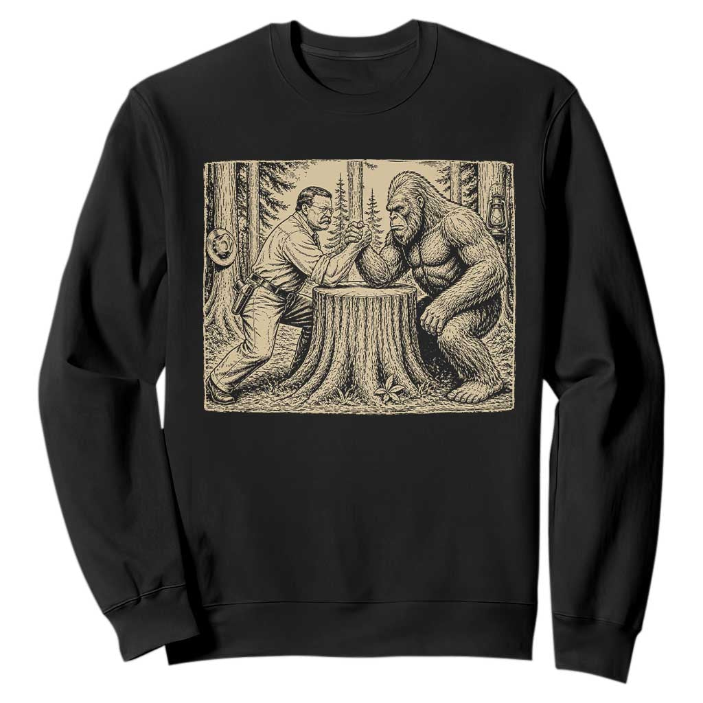 Theodore Roosevelt and Bigfoot Arm Wrestling Retro Sweatshirt TS11 Black Print Your Wear