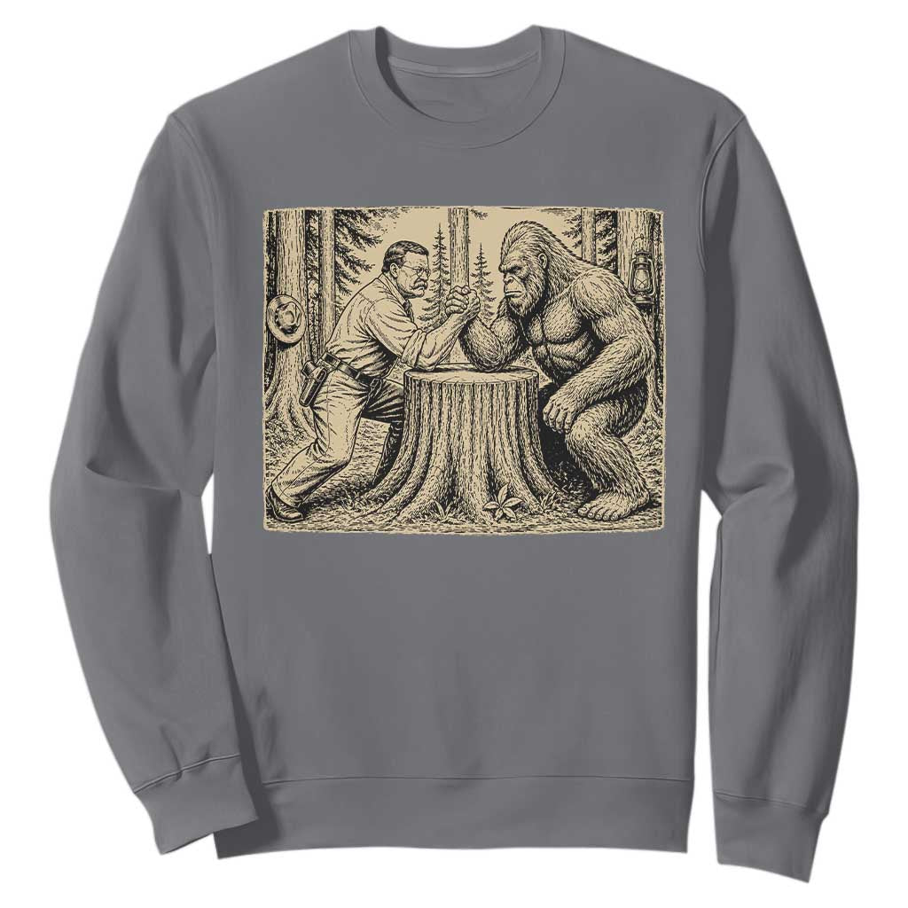 Theodore Roosevelt and Bigfoot Arm Wrestling Retro Sweatshirt TS11 Charcoal Print Your Wear