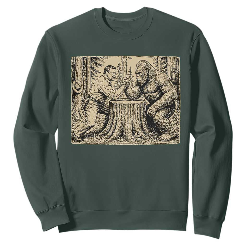 Theodore Roosevelt and Bigfoot Arm Wrestling Retro Sweatshirt TS11 Dark Forest Green Print Your Wear