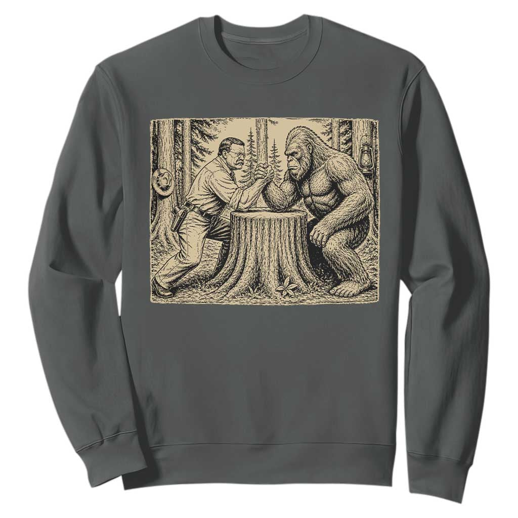 Theodore Roosevelt and Bigfoot Arm Wrestling Retro Sweatshirt TS11 Dark Heather Print Your Wear