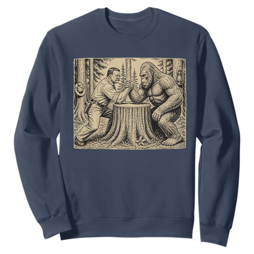 Theodore Roosevelt and Bigfoot Arm Wrestling Retro Sweatshirt TS11 Navy Print Your Wear