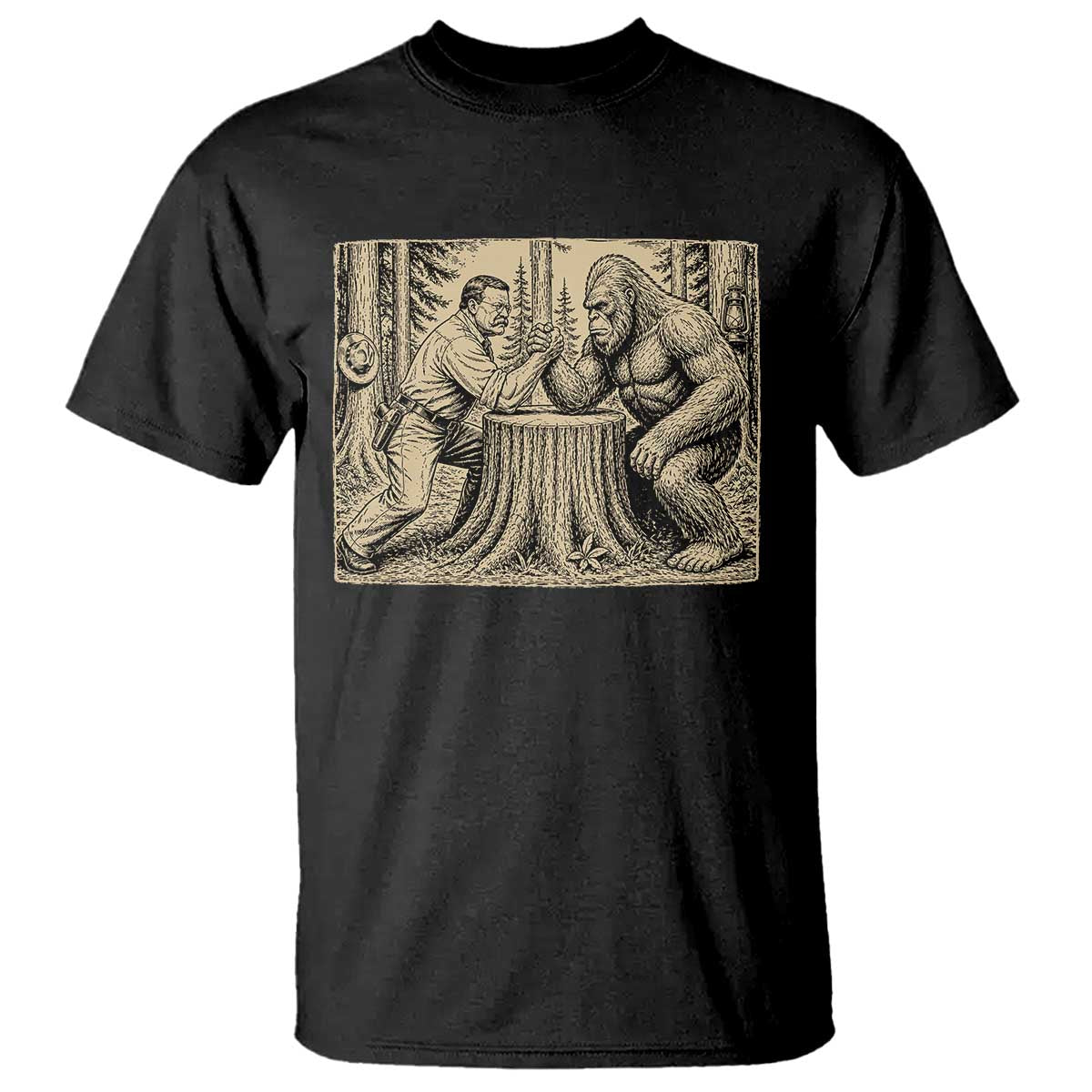 Theodore Roosevelt and Bigfoot Arm Wrestling Retro T Shirt TS11 Black Print Your Wear