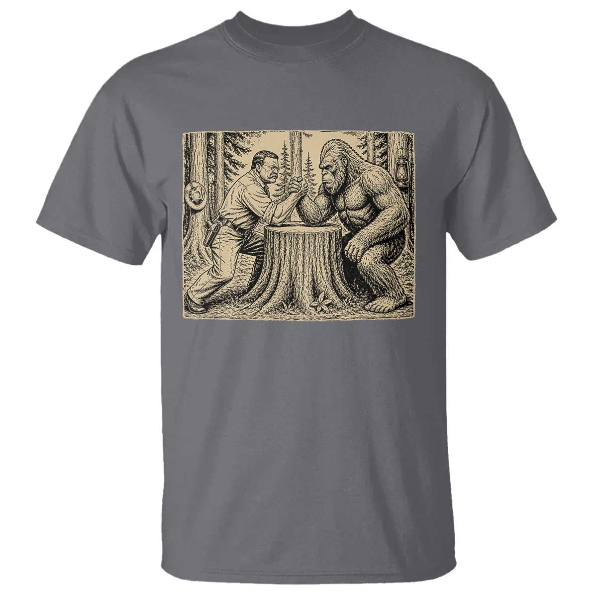 Theodore Roosevelt and Bigfoot Arm Wrestling Retro T Shirt TS11 Charcoal Print Your Wear