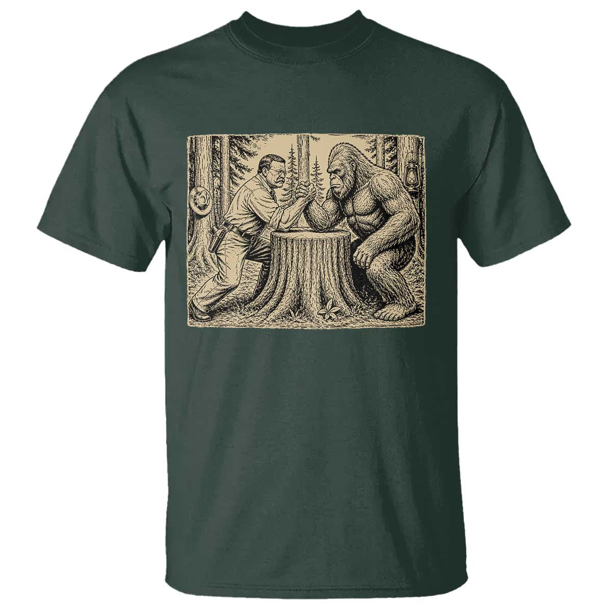 Theodore Roosevelt and Bigfoot Arm Wrestling Retro T Shirt TS11 Dark Forest Green Print Your Wear