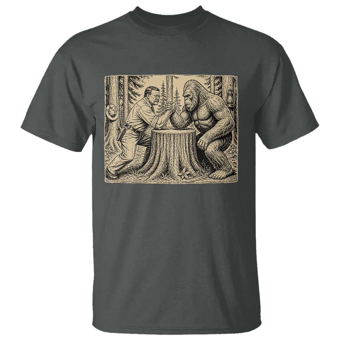 Theodore Roosevelt and Bigfoot Arm Wrestling Retro T Shirt TS11 Dark Heather Print Your Wear