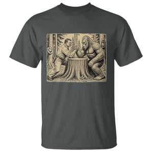 Theodore Roosevelt and Bigfoot Arm Wrestling Retro T Shirt TS11 Dark Heather Print Your Wear
