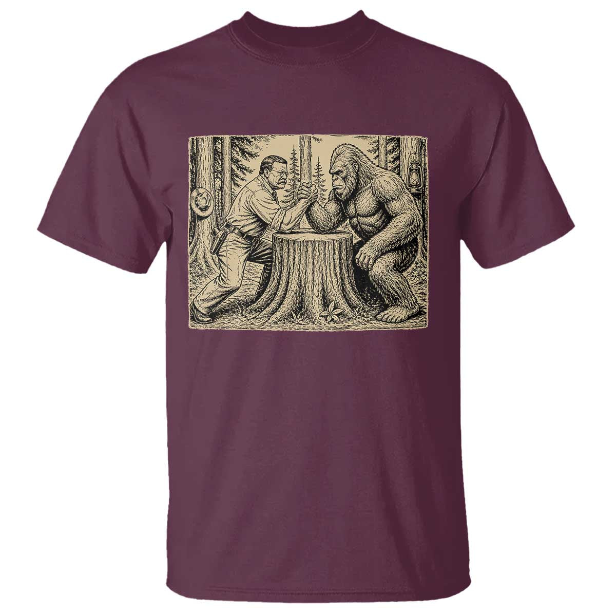 Theodore Roosevelt and Bigfoot Arm Wrestling Retro T Shirt TS11 Maroon Print Your Wear