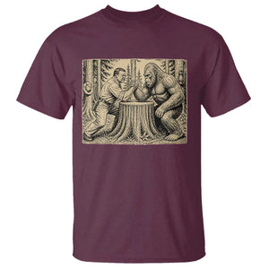 Theodore Roosevelt and Bigfoot Arm Wrestling Retro T Shirt TS11 Maroon Print Your Wear