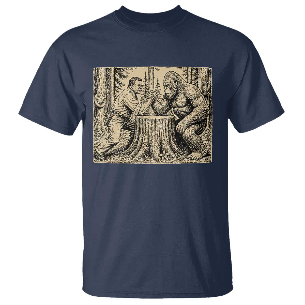 Theodore Roosevelt and Bigfoot Arm Wrestling Retro T Shirt TS11 Navy Print Your Wear