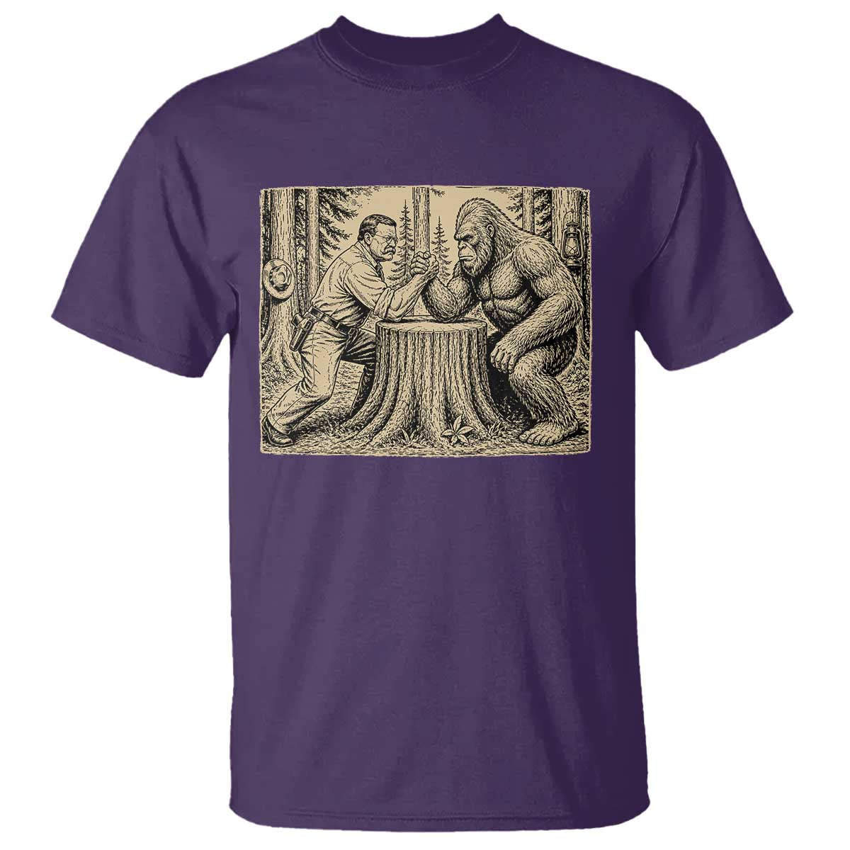 Theodore Roosevelt and Bigfoot Arm Wrestling Retro T Shirt TS11 Purple Print Your Wear