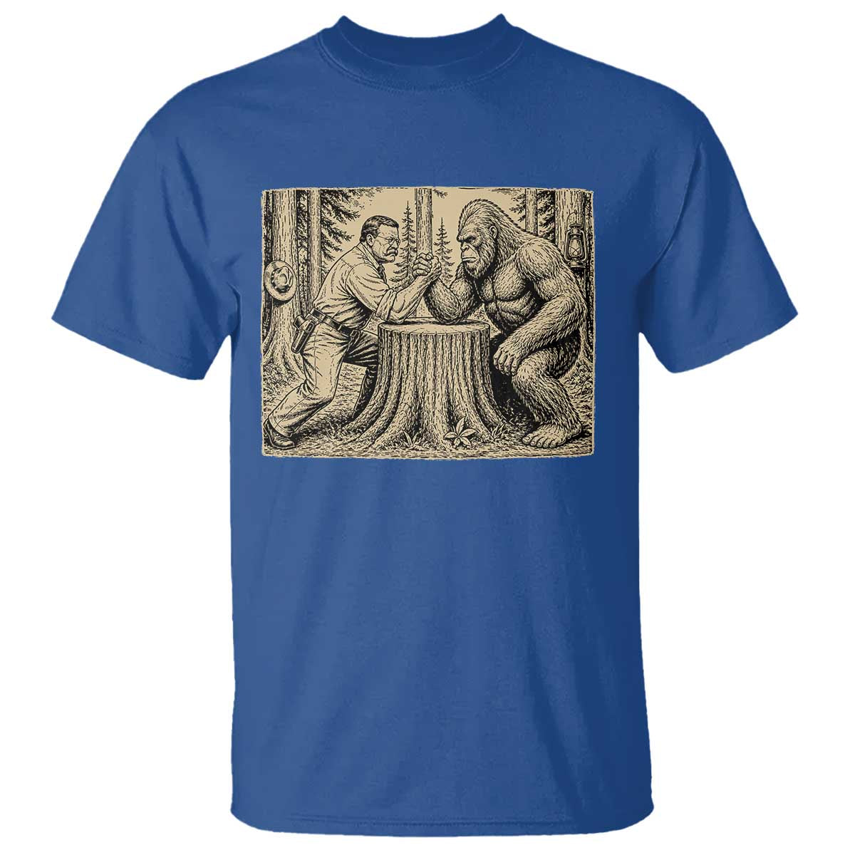 Theodore Roosevelt and Bigfoot Arm Wrestling Retro T Shirt TS11 Royal Blue Print Your Wear