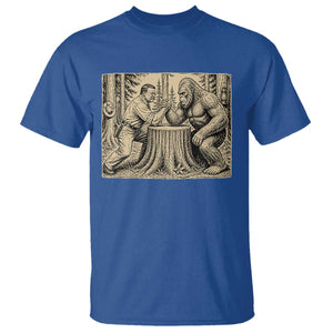 Theodore Roosevelt and Bigfoot Arm Wrestling Retro T Shirt TS11 Royal Blue Print Your Wear