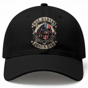 Funny One Badass Bonus Dad Baseball Cap Awesome Step Dad Fathers Day American Flag Skull TS11 Print Your Wear