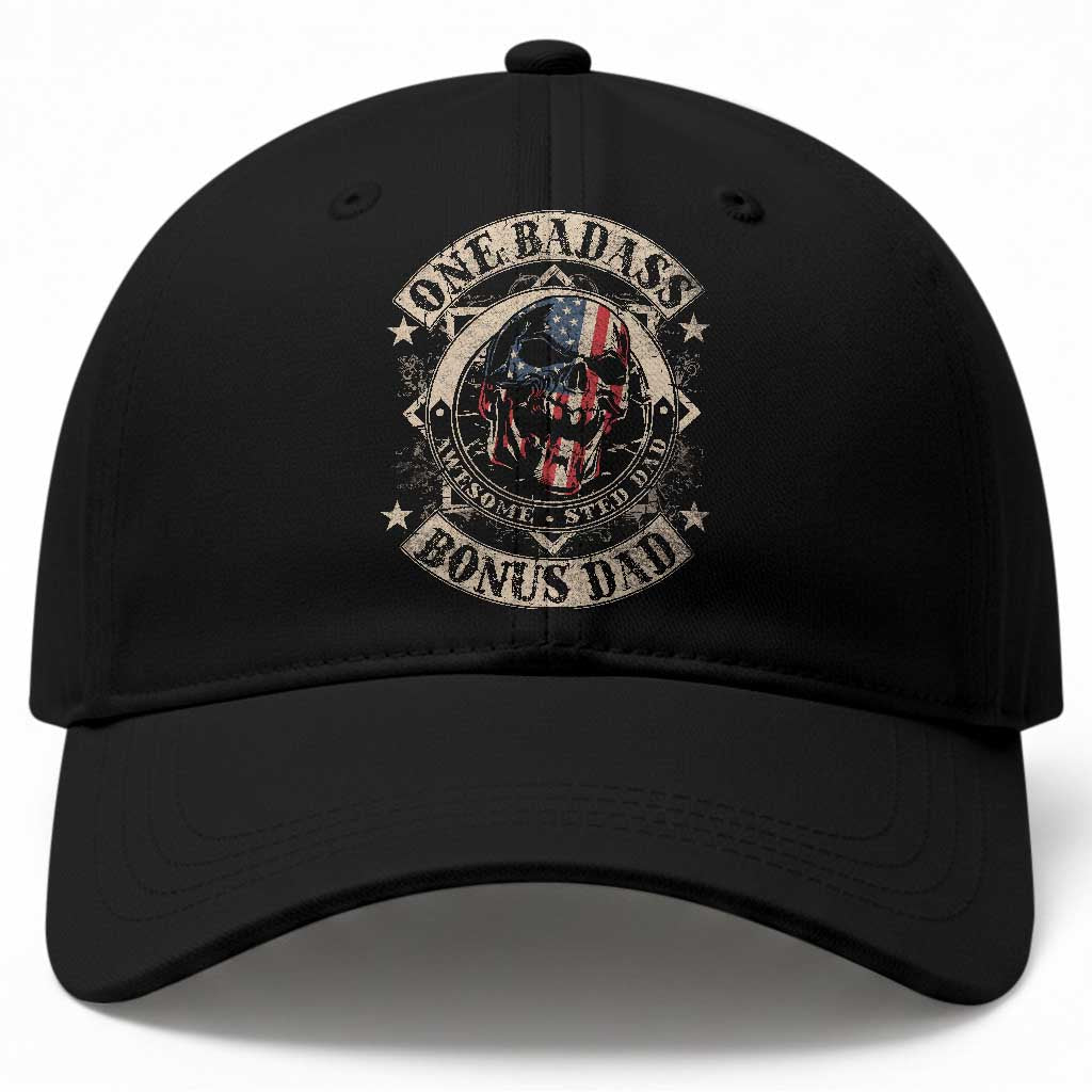 Funny One Badass Bonus Dad Baseball Cap Awesome Step Dad Fathers Day American Flag Skull TS11 Print Your Wear
