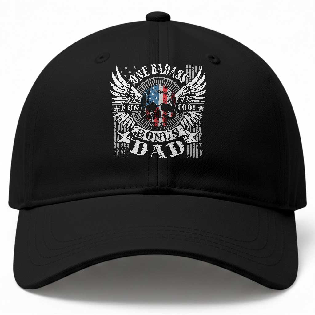 Funny One Badass Bonus Stepdad Baseball Cap Bonus Dad Fathers Day American Flag Skull TS11 Print Your Wear