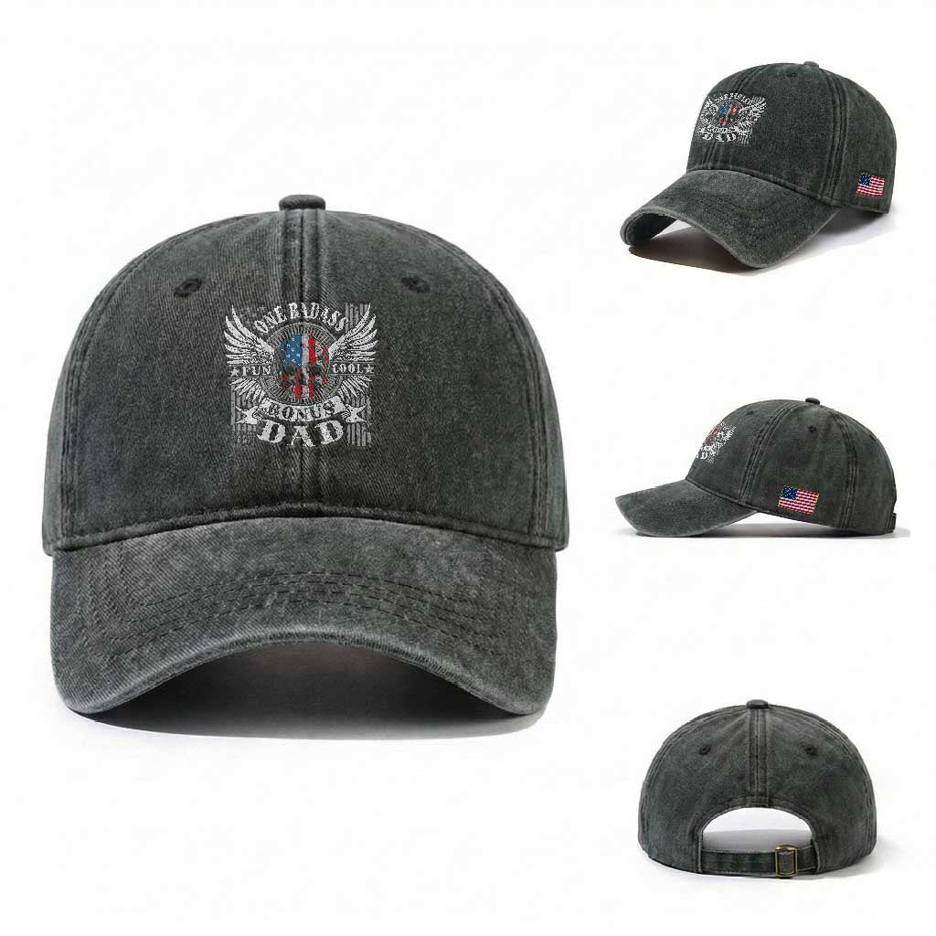 Funny One Badass Bonus Stepdad Washed Cotton Baseball Cap Bonus Dad Fathers Day American Flag Skull TS11 Washed Cap Universal Fit Dark Green Print Your Wear