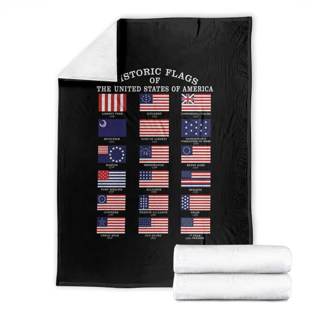Historic Flags of The United States of America Throw Blanket US History 4th of July TS11 Black Print Your Wear