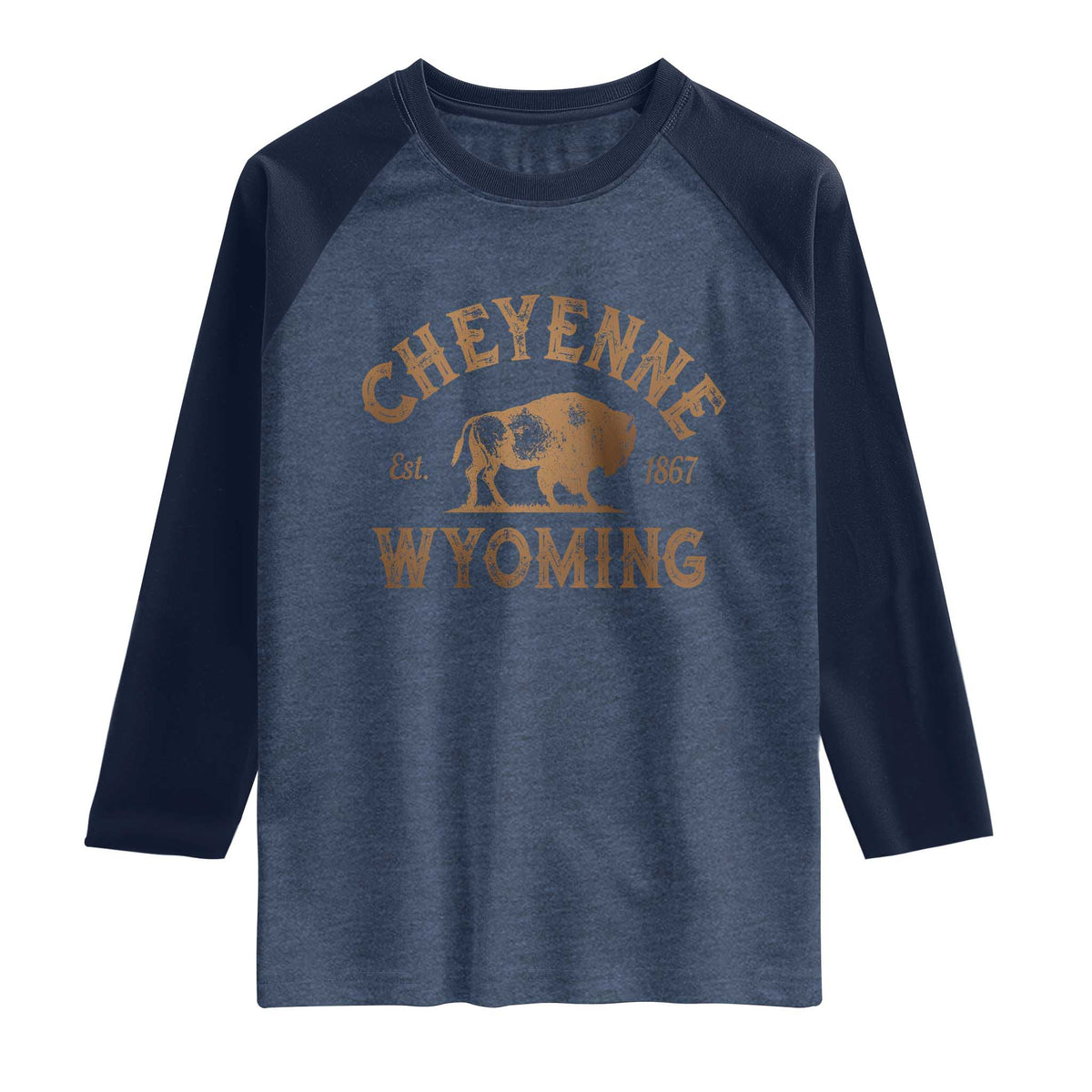 Cheyenne Wyoming Est 1867 WY Bison Cowboy State Pride Raglan Shirt TS11 Heather Denim Navy Print Your Wear