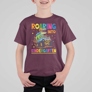 Roaring Into Kindergarten T Shirt For Kid Back to School Dinosaur T-Rex Monster Truck TS11 Maroon Print Your Wear