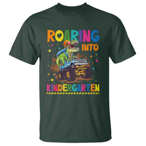 Roaring Into Kindergarten T Shirt Back to School Dinosaur T-Rex Monster Truck TS11 Dark Forest Green Print Your Wear