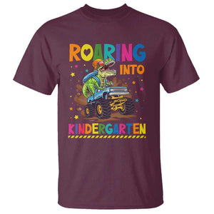 Roaring Into Kindergarten T Shirt Back to School Dinosaur T-Rex Monster Truck TS11 Maroon Print Your Wear