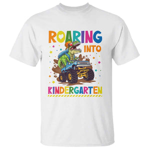 Roaring Into Kindergarten T Shirt Back to School Dinosaur T-Rex Monster Truck TS11 White Print Your Wear