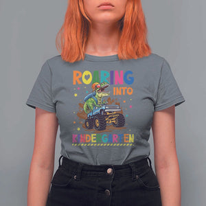 Roaring Into Kindergarten T Shirt For Women Back to School Dinosaur T-Rex Monster Truck TS11 Charcoal Print Your Wear