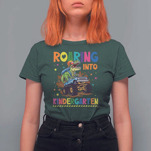 Roaring Into Kindergarten T Shirt For Women Back to School Dinosaur T-Rex Monster Truck TS11 Dark Forest Green Print Your Wear