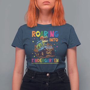 Roaring Into Kindergarten T Shirt For Women Back to School Dinosaur T-Rex Monster Truck TS11 Navy Print Your Wear