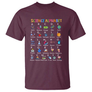 Science T Shirt Alphabet Physical Is All Around Us Teacher TS11 Maroon Print Your Wear