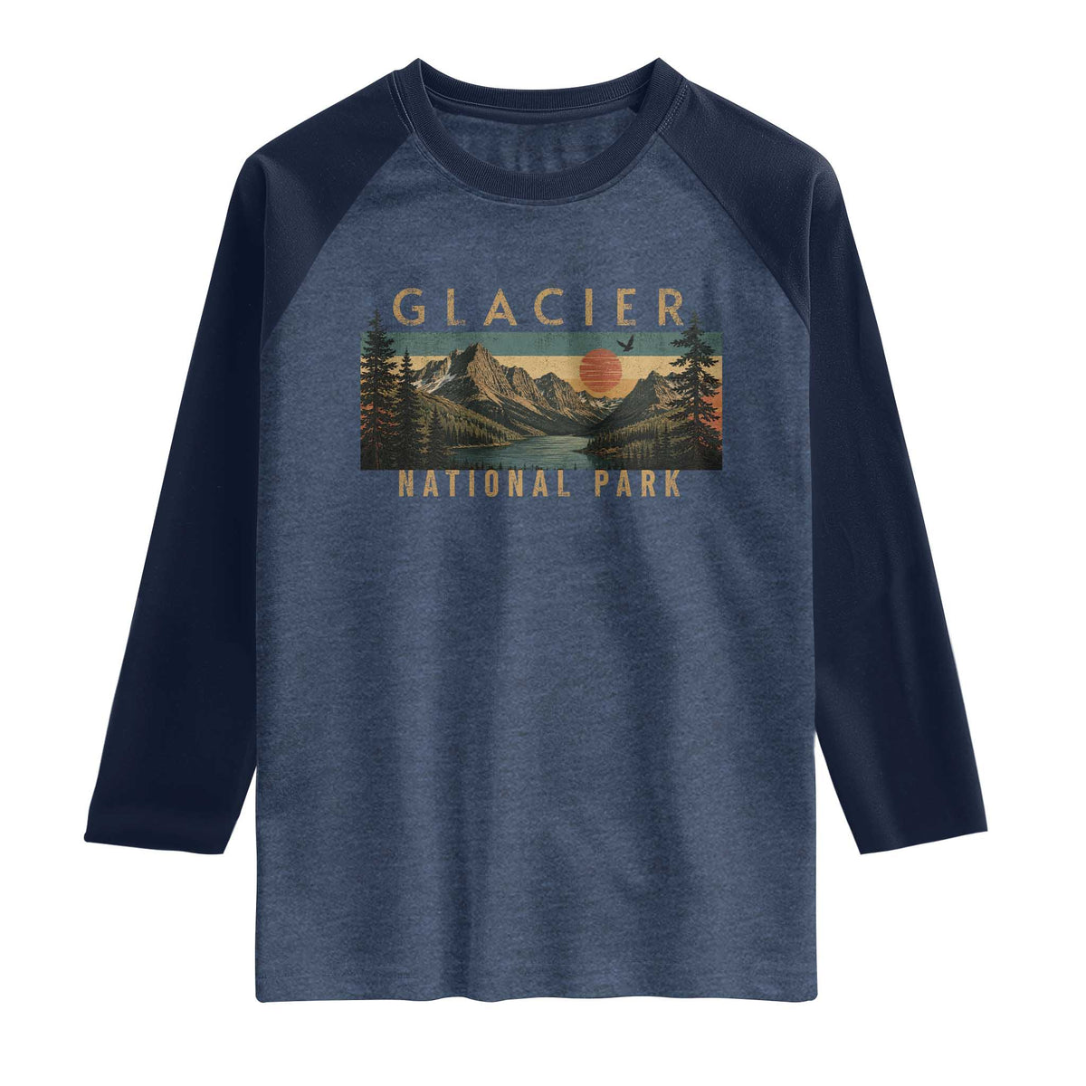 Glacier National Park Raglan Shirt Montana Wildlife Nature Lover TS11 Heather Denim Navy Print Your Wear
