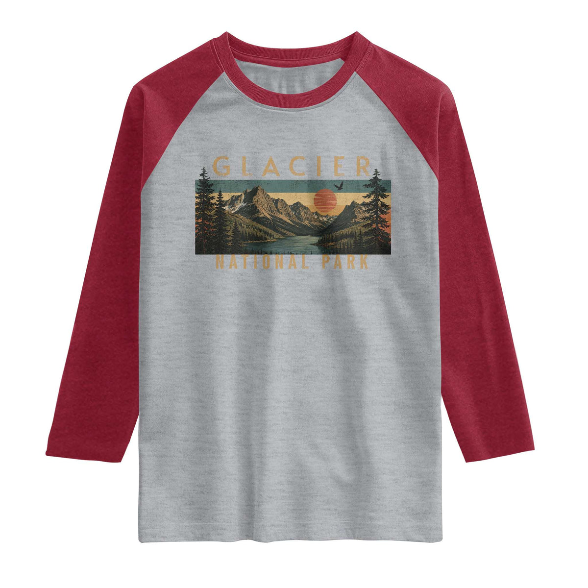 Glacier National Park Raglan Shirt Montana Wildlife Nature Lover TS11 Heather Gray Heather Red Print Your Wear