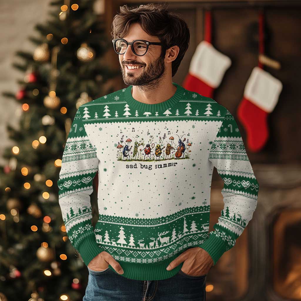 Sad Bug Summer Funny Insect Inspired Indie Aesthetic Ugly Christmas Sweater Folk Pop Music Bugs Lover TS11 Beige Green Print Your Wear
