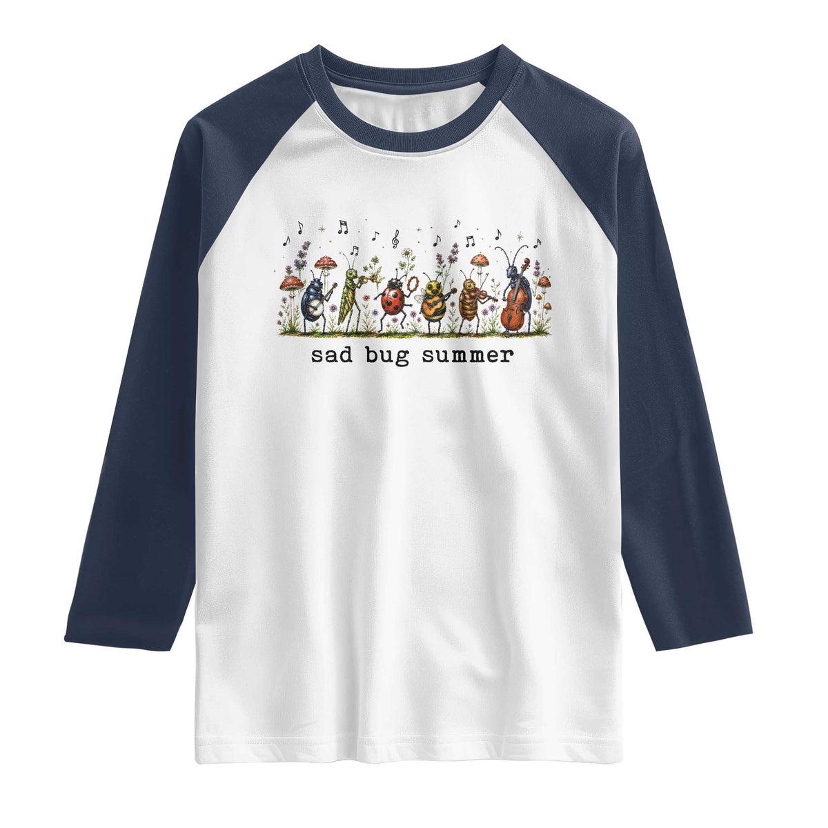 Sad Bug Summer Funny Insect Inspired Indie Aesthetic Raglan Shirt Folk Pop Music Bugs Lover TS11 White Navy Print Your Wear