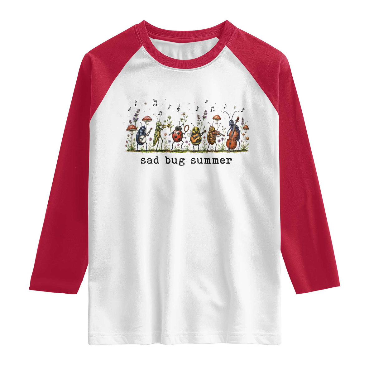 Sad Bug Summer Funny Insect Inspired Indie Aesthetic Raglan Shirt Folk Pop Music Bugs Lover TS11 White Red Print Your Wear