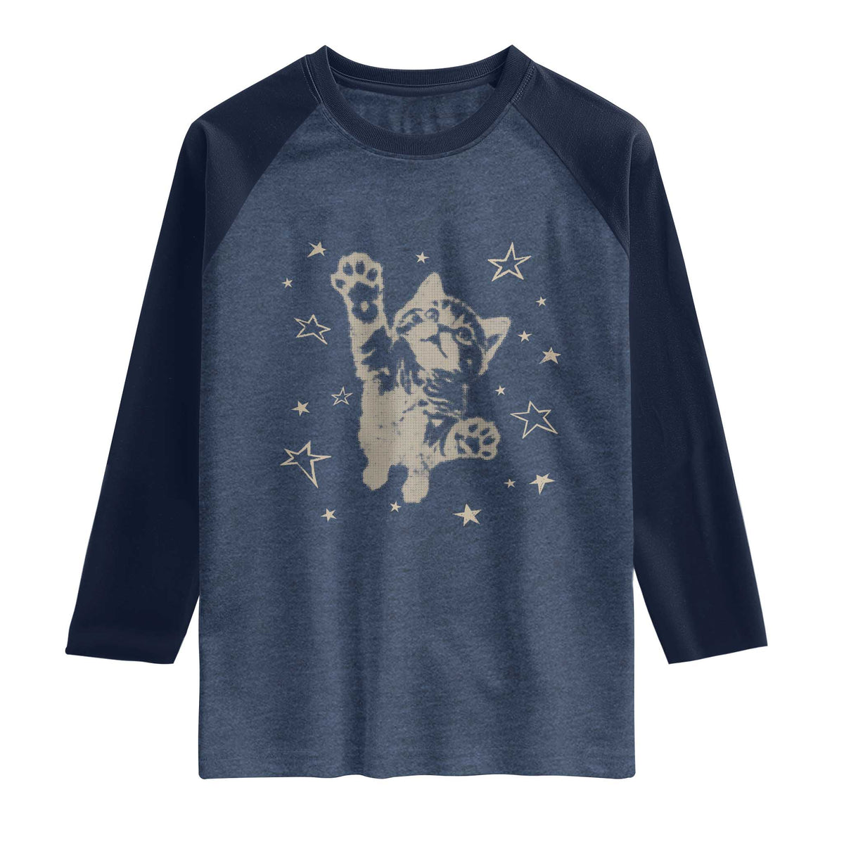 90s Y2k Cat Jumping Stars 2000s Grunge Vintage Graphic Raglan Shirt TS11 Heather Denim Navy Print Your Wear