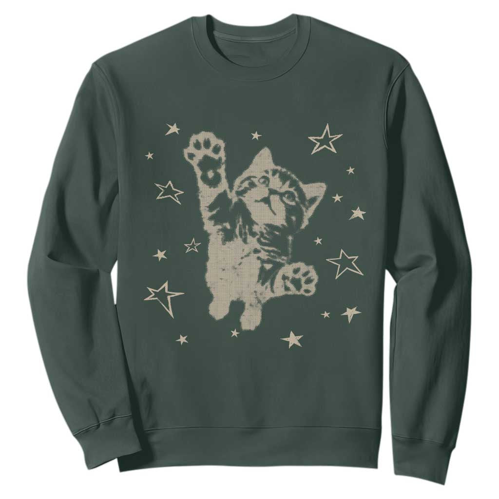 90s Y2k Cat Jumping Stars 2000s Grunge Vintage Graphic Sweatshirt TS11 Dark Forest Green Print Your Wear