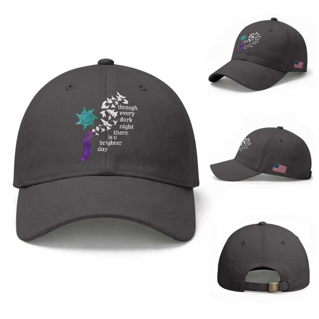 Suicide Prevention Awareness Baseball Cap Through Every Dark Night There Is A Brighter Day Semicolon Sun Feathers TS11 Baseball Cap Universal Fit Dark Gray Print Your Wear