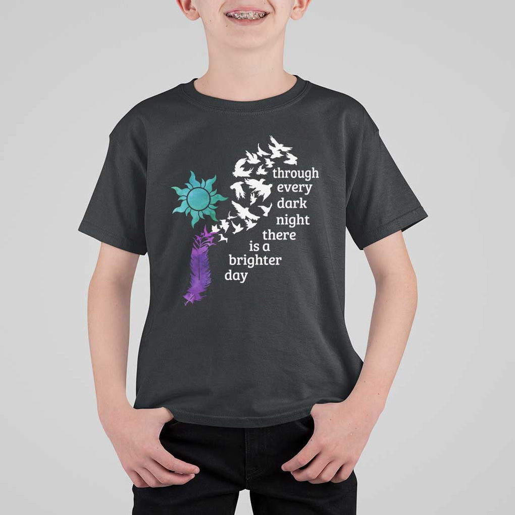 Suicide Prevention Awareness T Shirt For Kid Through Every Dark Night There Is A Brighter Day Semicolon Sun Feathers TS11 Black Print Your Wear