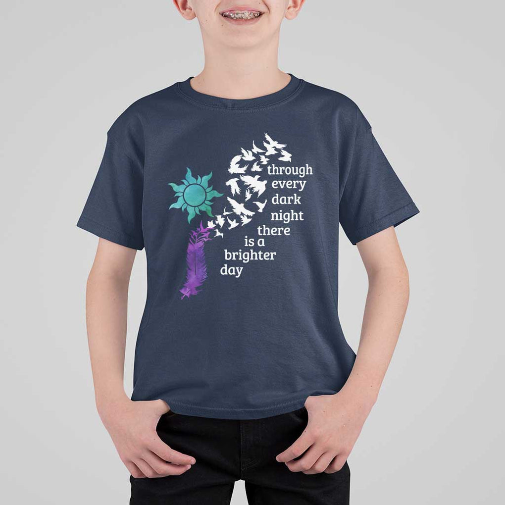 Suicide Prevention Awareness T Shirt For Kid Through Every Dark Night There Is A Brighter Day Semicolon Sun Feathers TS11 Navy Print Your Wear