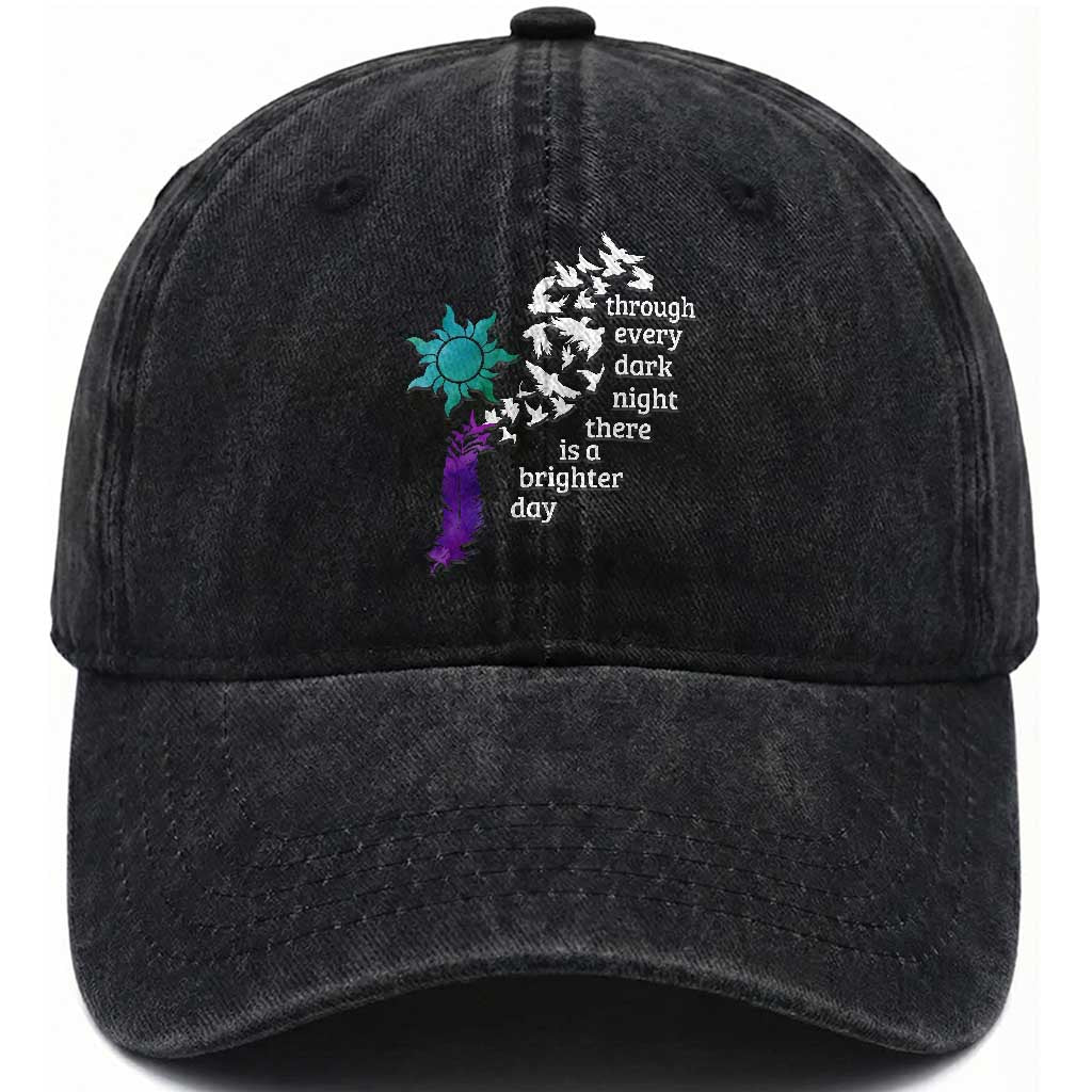 Suicide Prevention Awareness Washed Cotton Baseball Cap Through Every Dark Night There Is A Brighter Day Semicolon Sun Feathers TS11 Print Your Wear