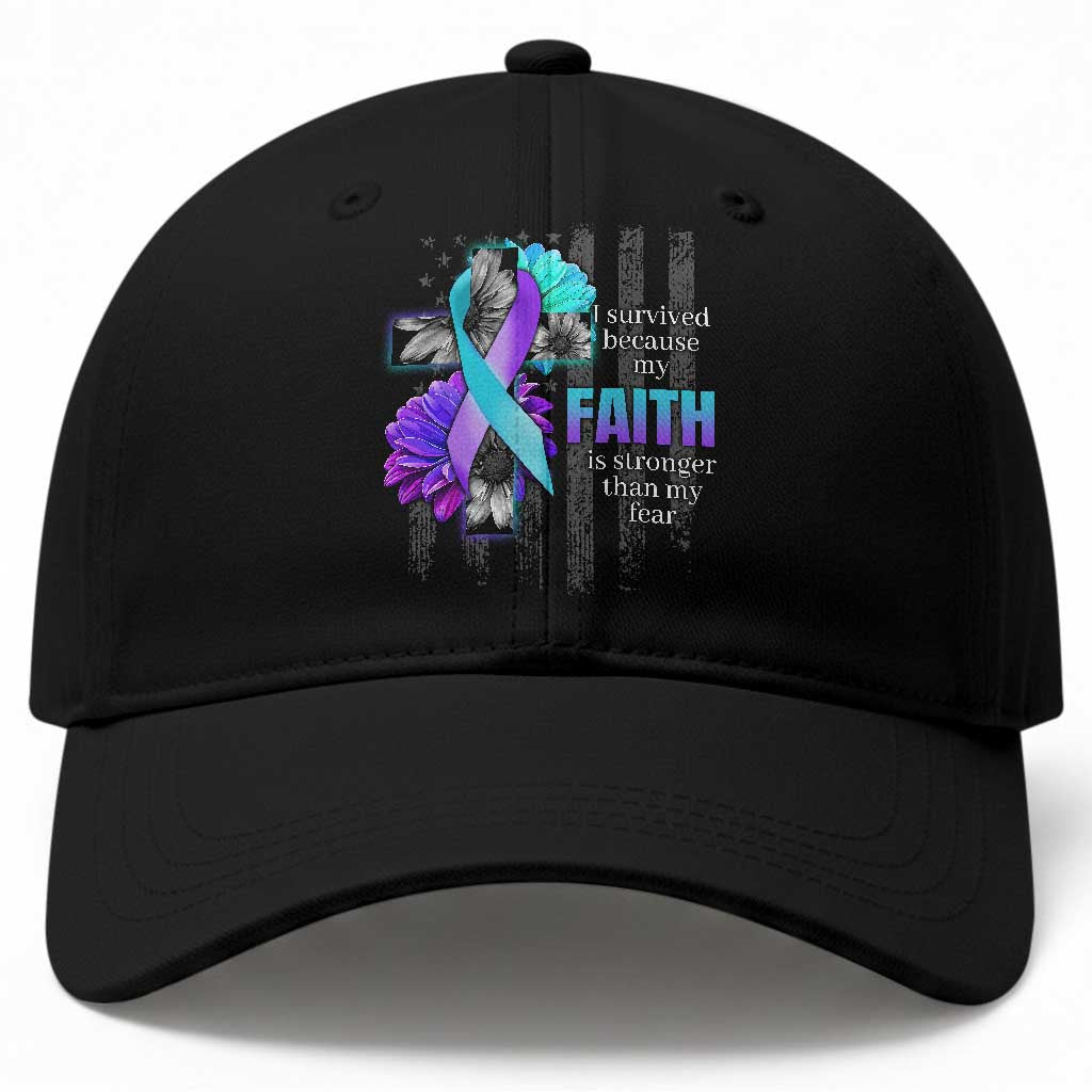 Suicide Prevention Awareness Baseball Cap I Survived Because My Faith Is Stronger Than My Fear Ribbon Flower USA Flag TS11 Print Your Wear