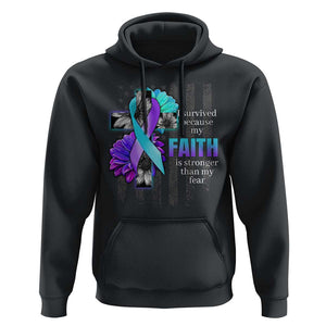 Suicide Prevention Awareness Hoodie I Survived Because My Faith Is Stronger Than My Fear Ribbon Flower USA Flag TS11 Black Print Your Wear