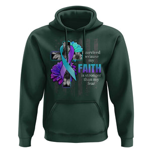 Suicide Prevention Awareness Hoodie I Survived Because My Faith Is Stronger Than My Fear Ribbon Flower USA Flag TS11 Dark Forest Green Print Your Wear