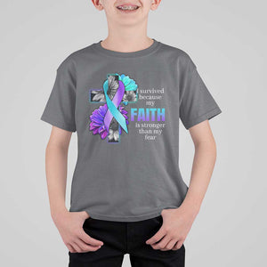 Suicide Prevention Awareness T Shirt For Kid I Survived Because My Faith Is Stronger Than My Fear Ribbon Flower USA Flag TS11 Charcoal Print Your Wear