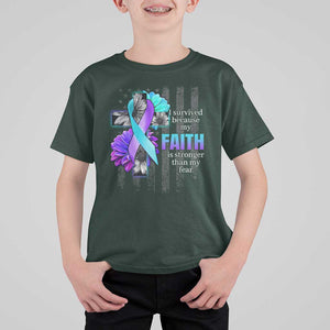 Suicide Prevention Awareness T Shirt For Kid I Survived Because My Faith Is Stronger Than My Fear Ribbon Flower USA Flag TS11 Dark Forest Green Print Your Wear