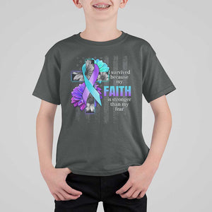 Suicide Prevention Awareness T Shirt For Kid I Survived Because My Faith Is Stronger Than My Fear Ribbon Flower USA Flag TS11 Dark Heather Print Your Wear